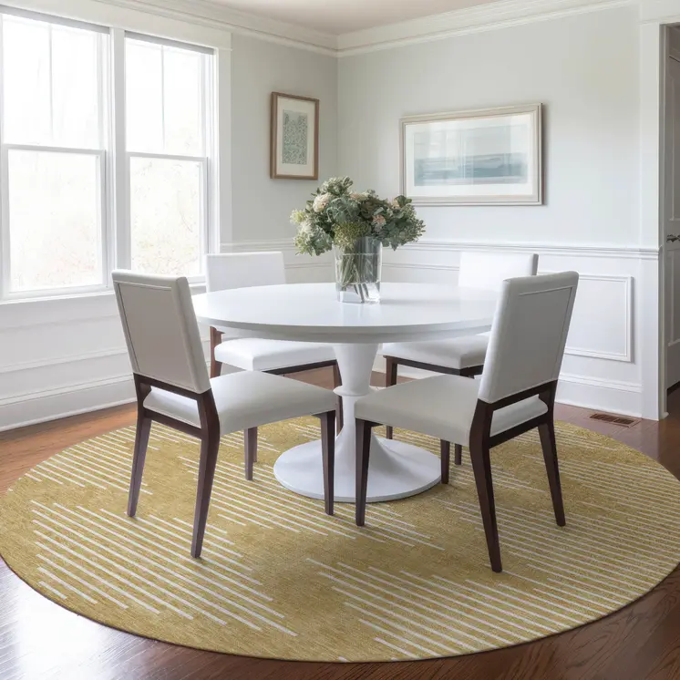 8' Gold And Ivory Round Geometric Washable Indoor Outdoor Area Rug