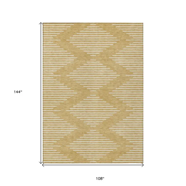 9' X 12' Gold And Ivory Geometric Washable Indoor Outdoor Area Rug