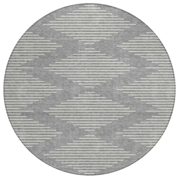 8' Gray And Ivory Round Geometric Washable Indoor Outdoor Area Rug