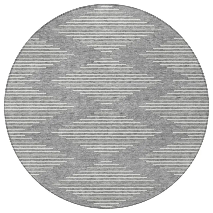 8' Gray And Ivory Round Geometric Washable Indoor Outdoor Area Rug