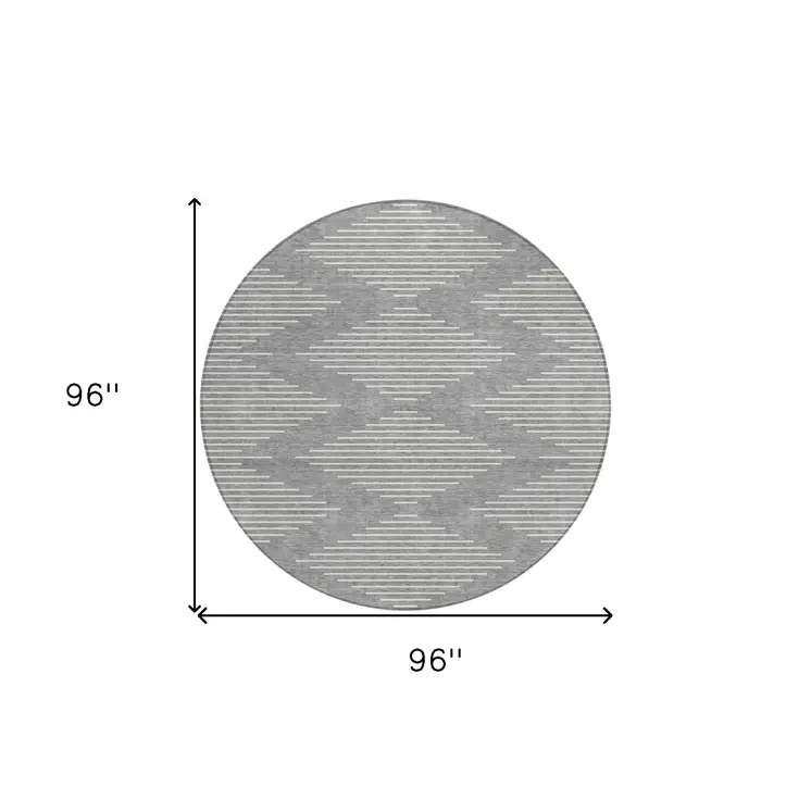 8' Gray And Ivory Round Geometric Washable Indoor Outdoor Area Rug