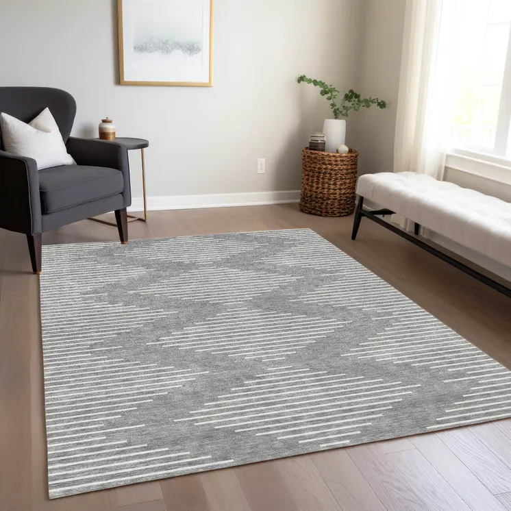 8' X 10' Gray And Ivory Geometric Washable Indoor Outdoor Area Rug