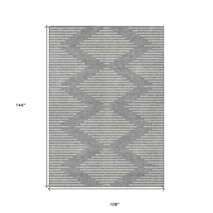 9' X 12' Gray And Ivory Geometric Washable Indoor Outdoor Area Rug