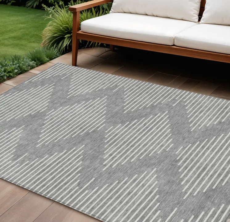 9' X 12' Gray And Ivory Geometric Washable Indoor Outdoor Area Rug
