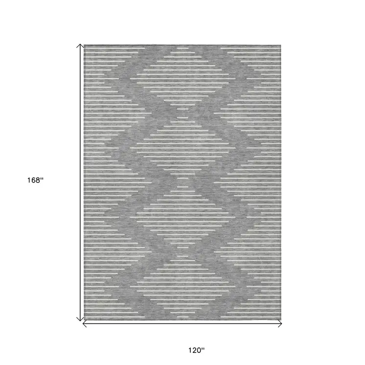 10' X 14' Gray And Ivory Geometric Washable Indoor Outdoor Area Rug