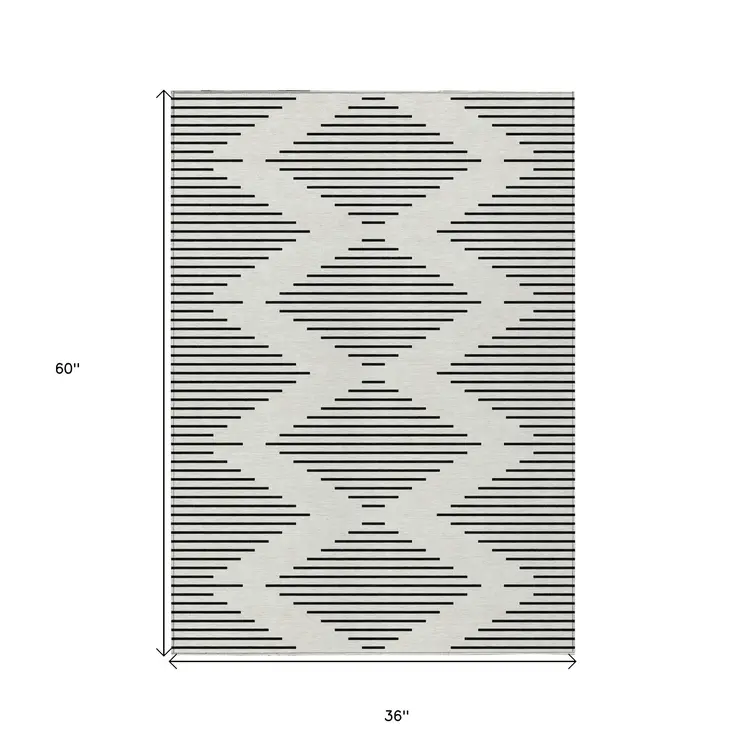 3' X 5' Ivory And Black Geometric Washable Indoor Outdoor Area Rug