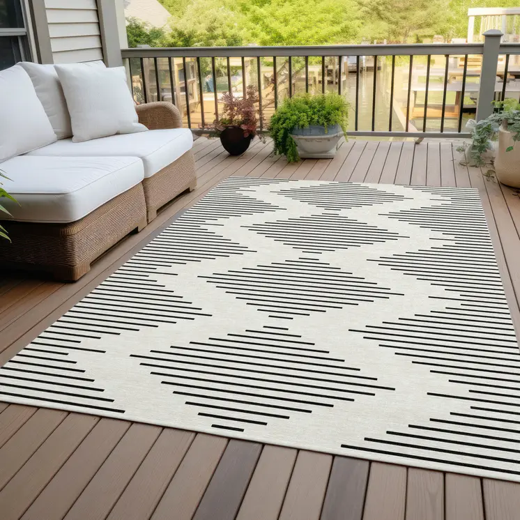 3' X 5' Ivory And Black Geometric Washable Indoor Outdoor Area Rug