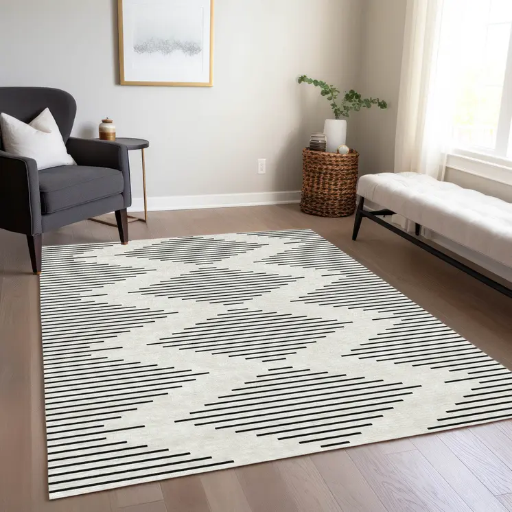 3' X 5' Ivory And Black Geometric Washable Indoor Outdoor Area Rug