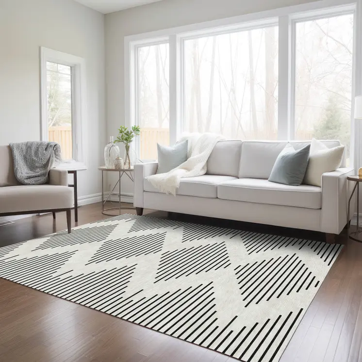 3' X 5' Ivory And Black Geometric Washable Indoor Outdoor Area Rug