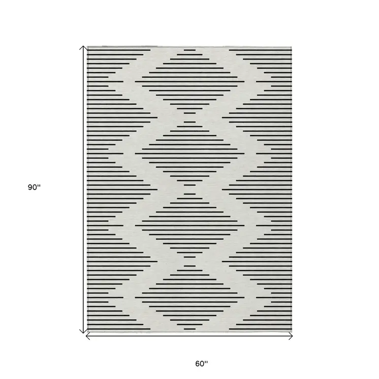 5' X 8' Ivory And Black Geometric Washable Indoor Outdoor Area Rug