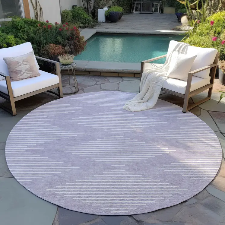 8' Lavender And Ivory Round Geometric Washable Indoor Outdoor Area Rug