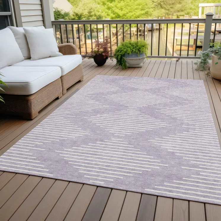 9' X 12' Lavender And Ivory Geometric Washable Indoor Outdoor Area Rug