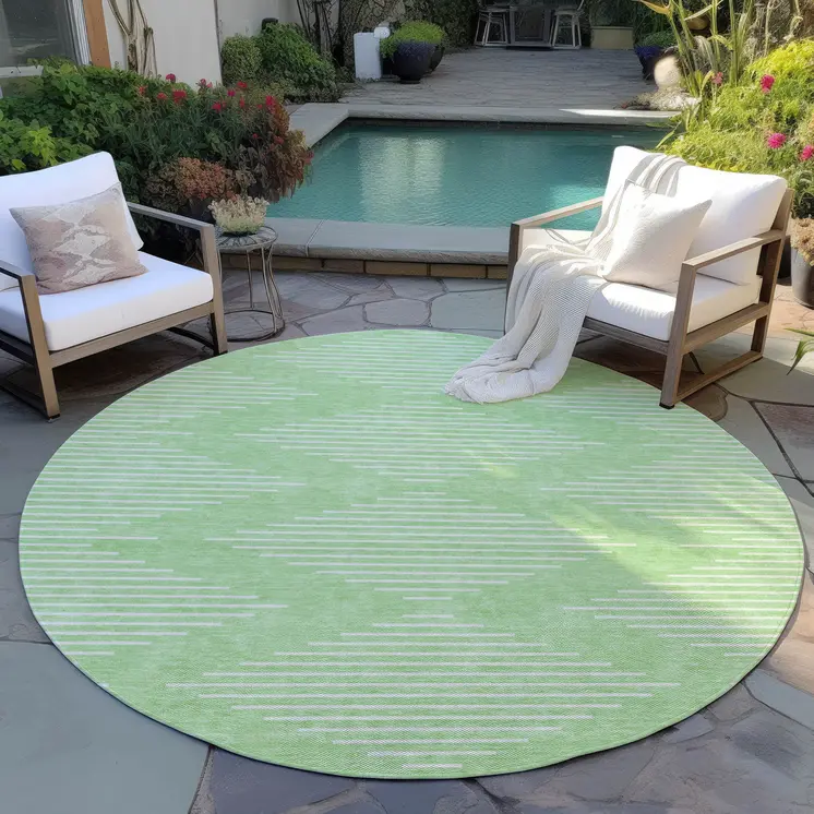 8' Mint Green And Ivory Round Geometric Washable Indoor Outdoor Area Rug