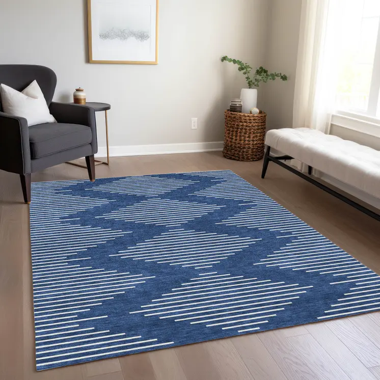 3' X 5' Navy Blue And Ivory Geometric Washable Indoor Outdoor Area Rug