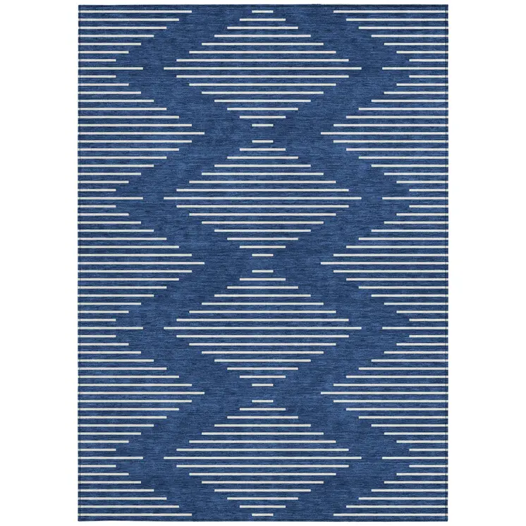 5' X 8' Navy Blue And Ivory Geometric Washable Indoor Outdoor Area Rug