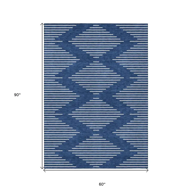 5' X 8' Navy Blue And Ivory Geometric Washable Indoor Outdoor Area Rug
