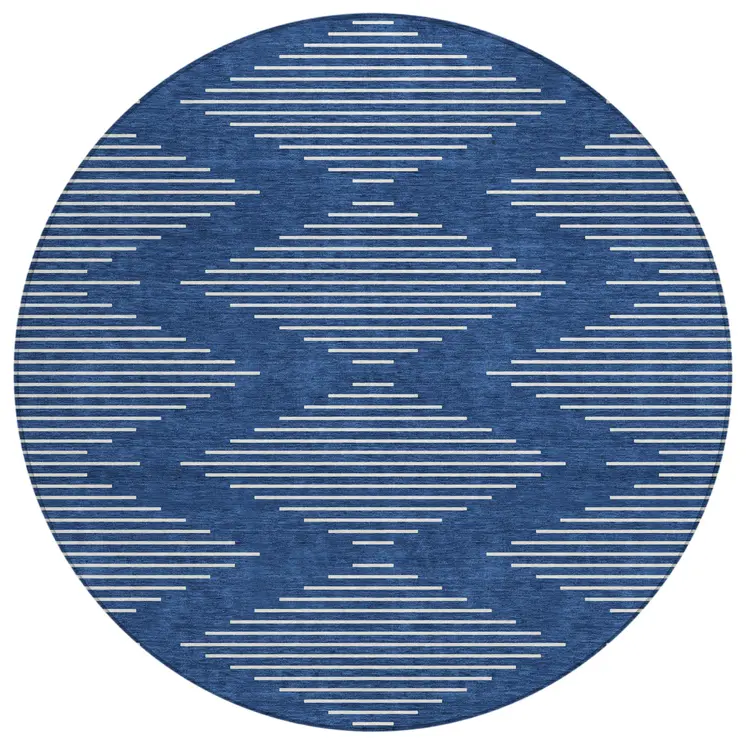 8' Navy Blue And Ivory Round Geometric Washable Indoor Outdoor Area Rug