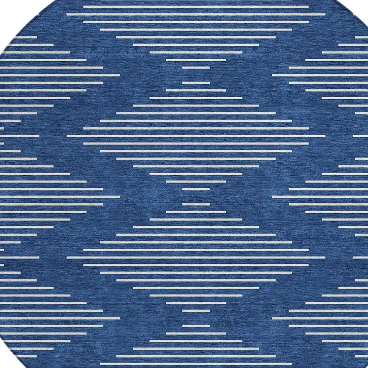 8' Navy Blue And Ivory Round Geometric Washable Indoor Outdoor Area Rug