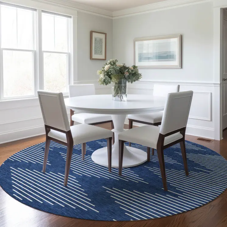 8' Navy Blue And Ivory Round Geometric Washable Indoor Outdoor Area Rug