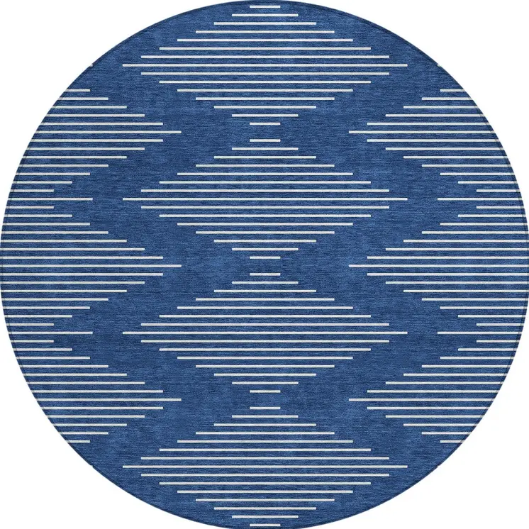 8' Navy Blue And Ivory Round Geometric Washable Indoor Outdoor Area Rug