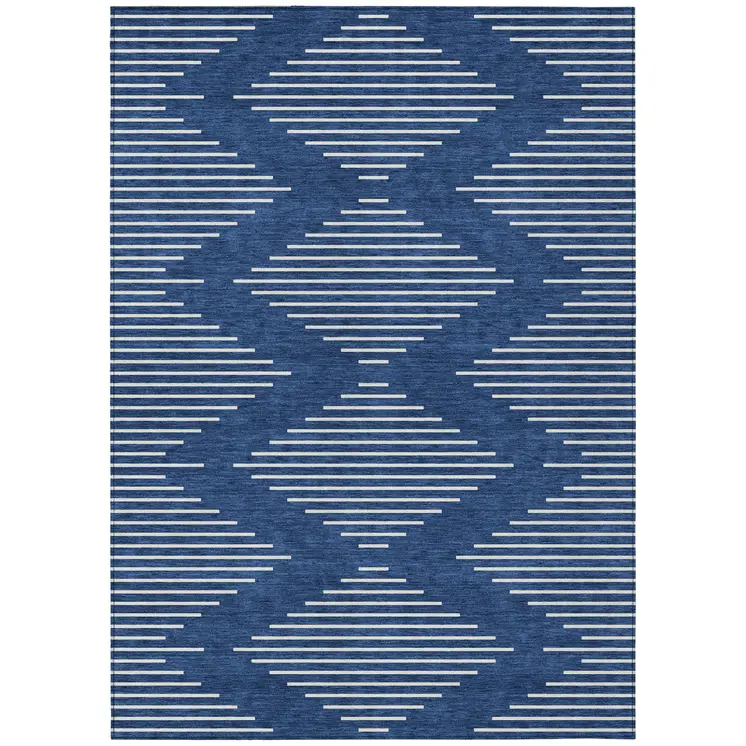 8' X 10' Navy Blue And Ivory Geometric Washable Indoor Outdoor Area Rug
