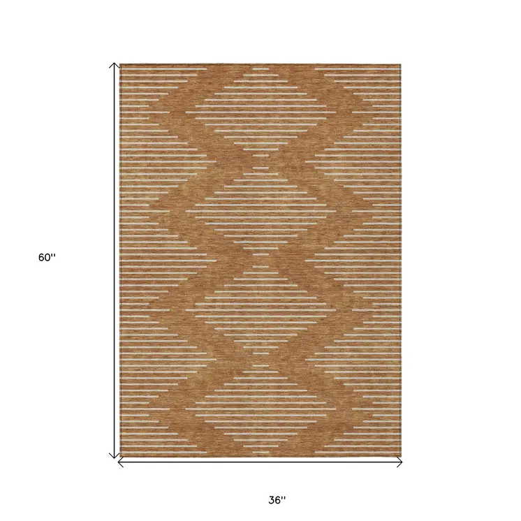3' X 5' Copper And Beige Geometric Washable Indoor Outdoor Area Rug