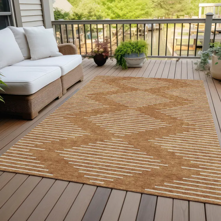 3' X 5' Copper And Beige Geometric Washable Indoor Outdoor Area Rug