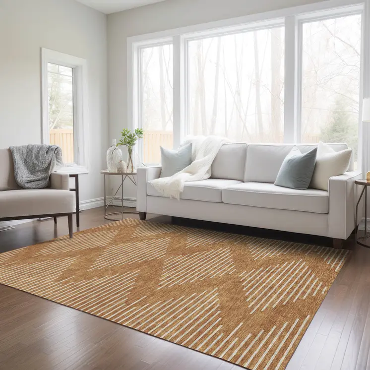3' X 5' Copper And Beige Geometric Washable Indoor Outdoor Area Rug
