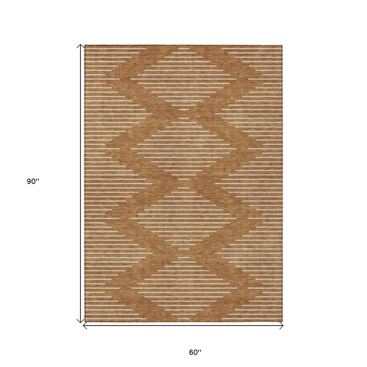 5' X 8' Copper And Beige Geometric Washable Indoor Outdoor Area Rug