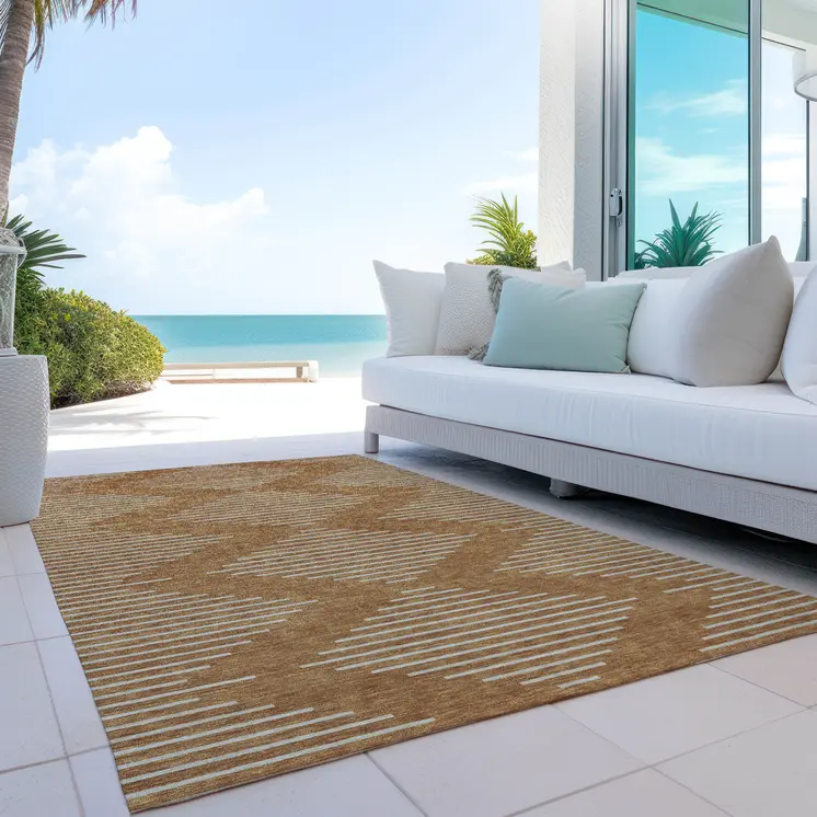 5' X 8' Copper And Beige Geometric Washable Indoor Outdoor Area Rug