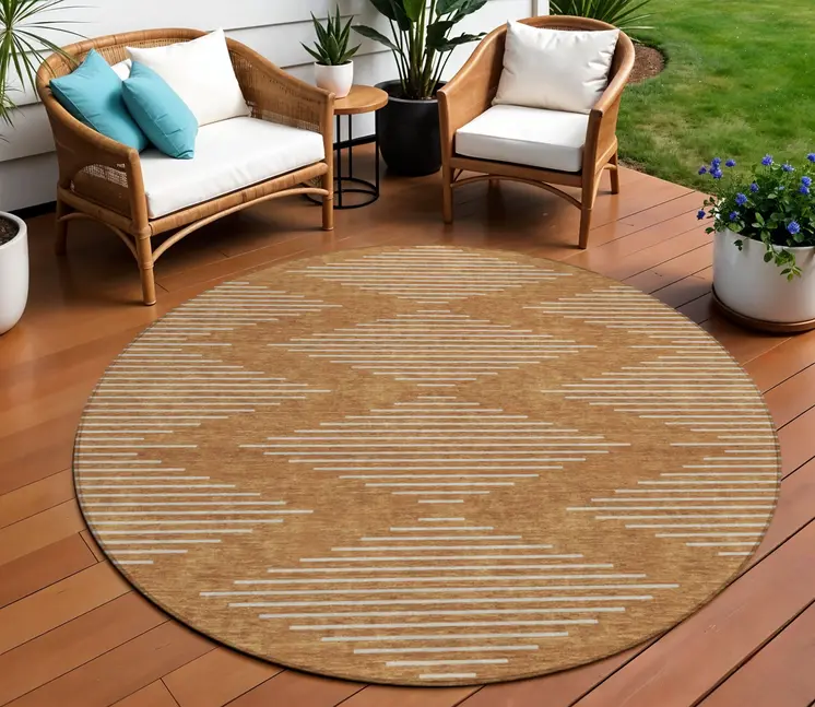 8' Copper And Beige Round Geometric Washable Indoor Outdoor Area Rug