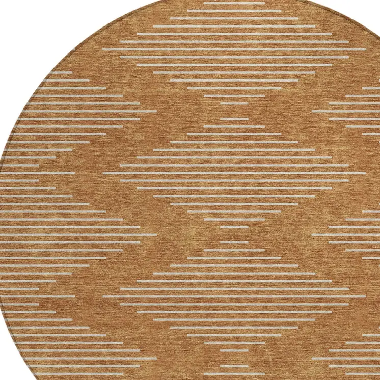 8' Copper And Beige Round Geometric Washable Indoor Outdoor Area Rug