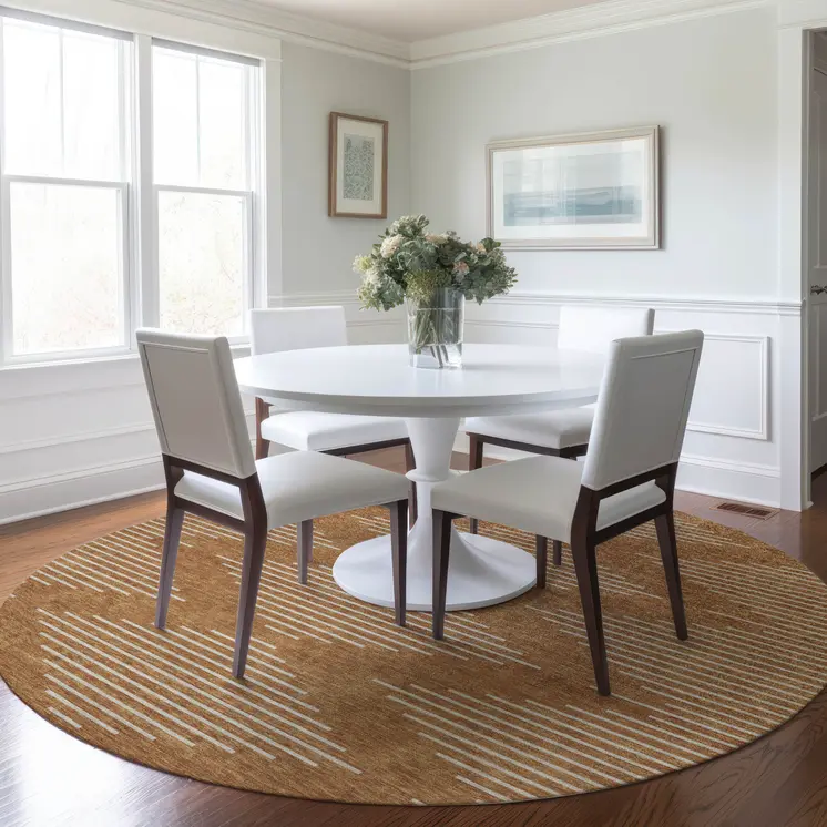 8' Copper And Beige Round Geometric Washable Indoor Outdoor Area Rug