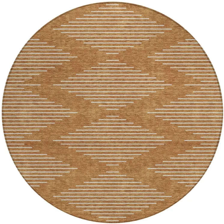 8' Copper And Beige Round Geometric Washable Indoor Outdoor Area Rug