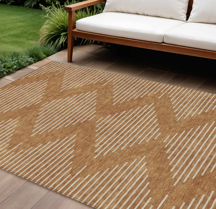 9' X 12' Copper And Beige Geometric Washable Indoor Outdoor Area Rug