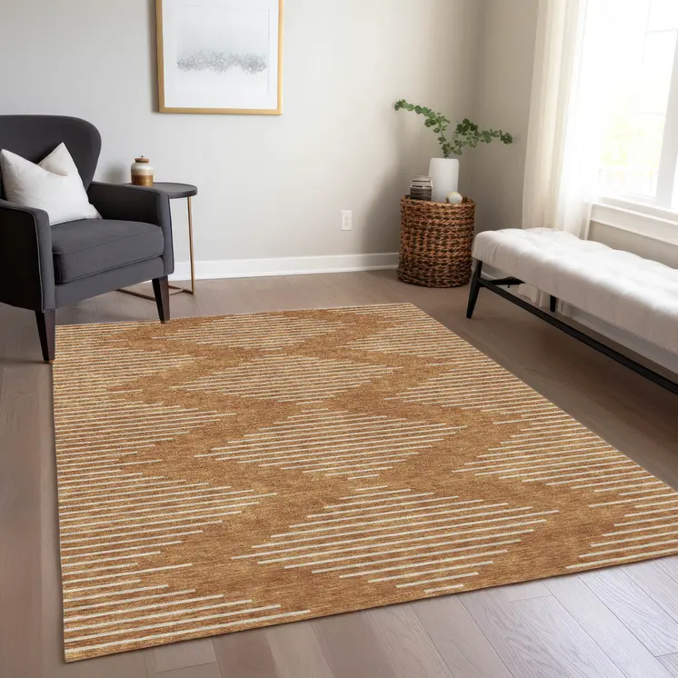 9' X 12' Copper And Beige Geometric Washable Indoor Outdoor Area Rug
