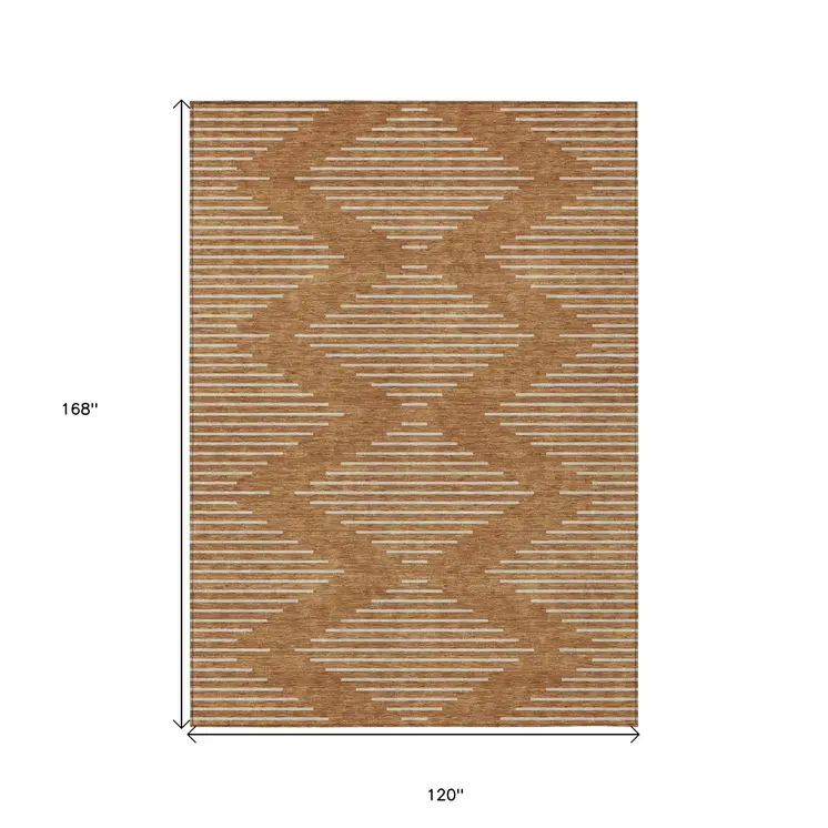 10' X 14' Copper And Beige Geometric Washable Indoor Outdoor Area Rug