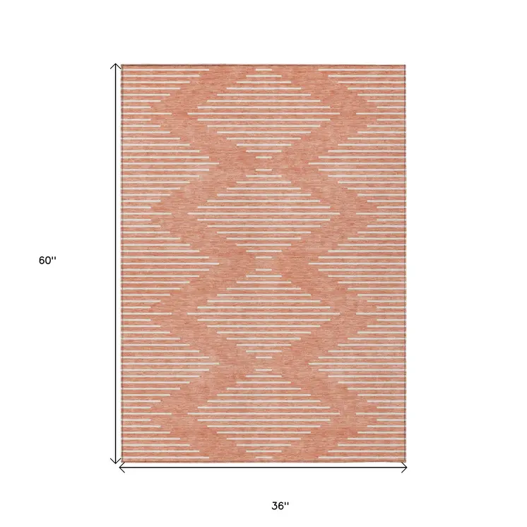 3' X 5' Salmon And Ivory Geometric Washable Indoor Outdoor Area Rug