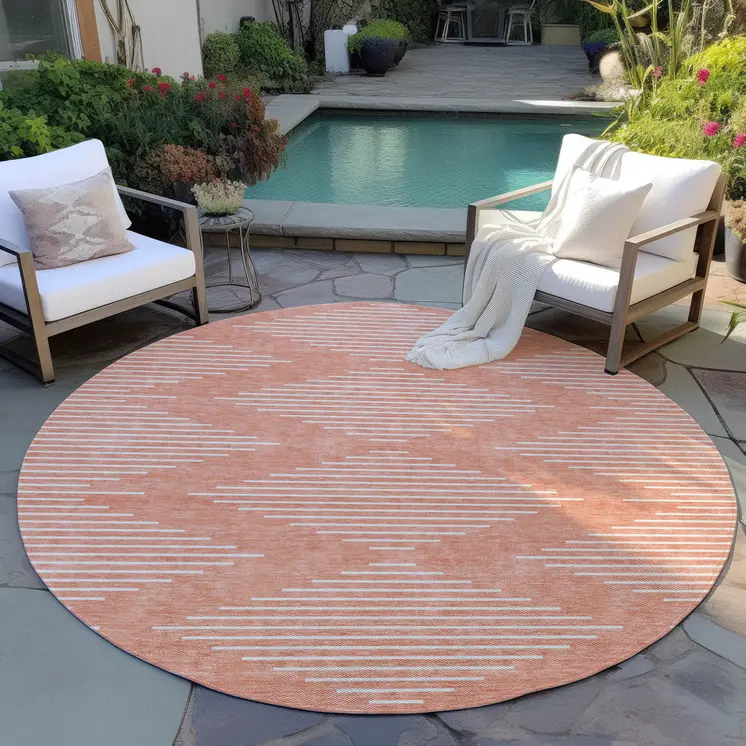 8' Salmon And Ivory Round Geometric Washable Indoor Outdoor Area Rug
