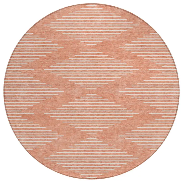 8' Salmon And Ivory Round Geometric Washable Indoor Outdoor Area Rug