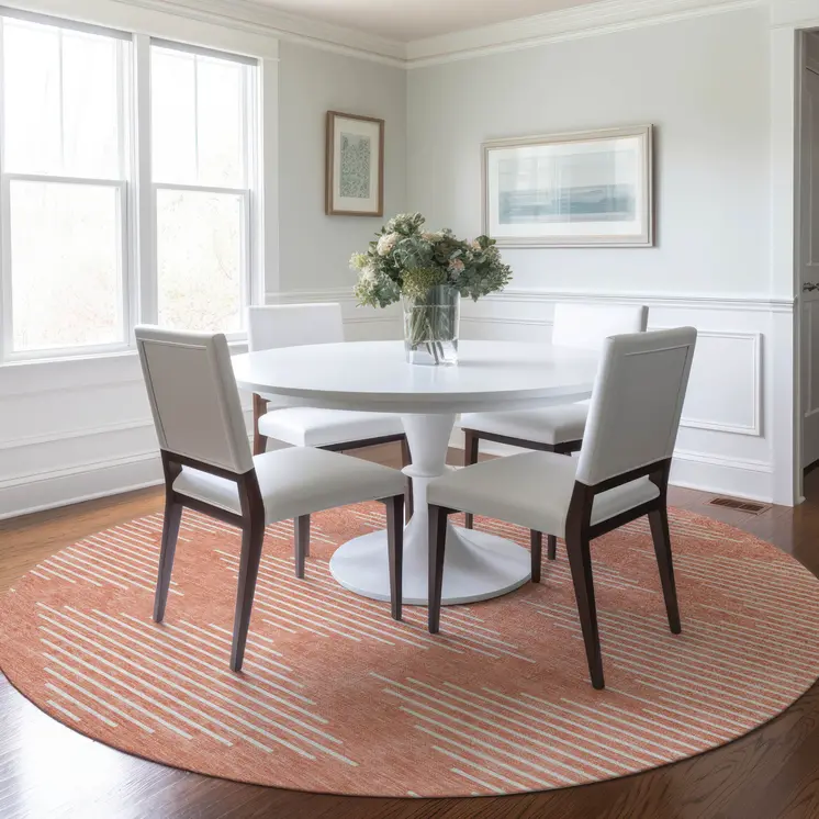 8' Salmon And Ivory Round Geometric Washable Indoor Outdoor Area Rug