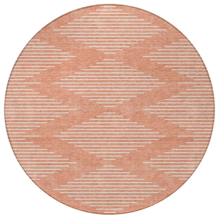 8' Salmon And Ivory Round Geometric Washable Indoor Outdoor Area Rug