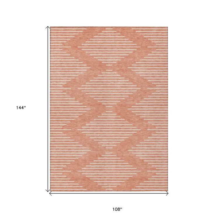 9' X 12' Salmon And Ivory Geometric Washable Indoor Outdoor Area Rug