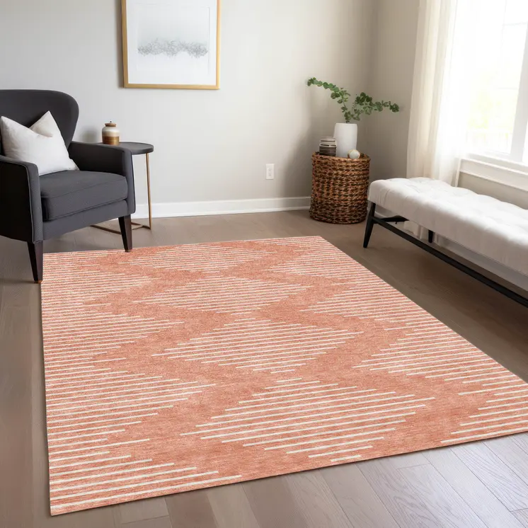 9' X 12' Salmon And Ivory Geometric Washable Indoor Outdoor Area Rug