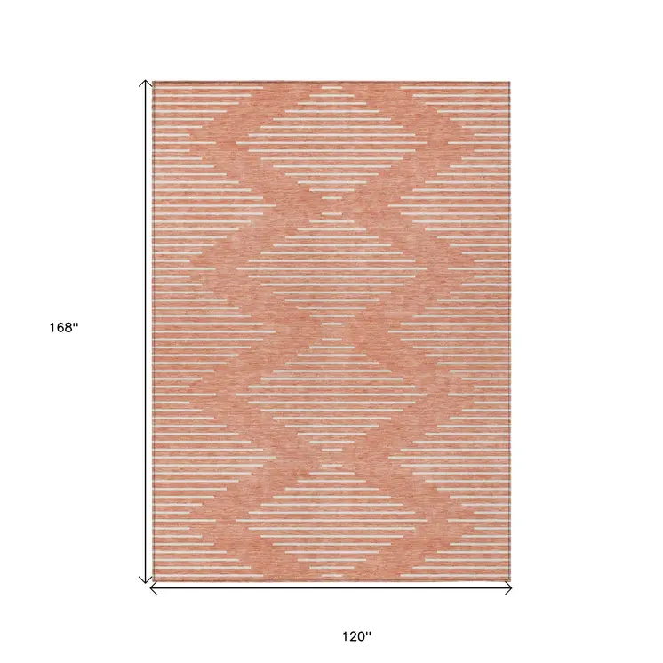 10' X 14' Salmon And Ivory Geometric Washable Indoor Outdoor Area Rug