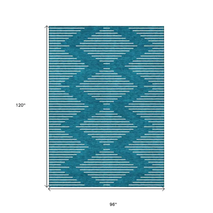 8' X 10' Teal Blue And Ivory Geometric Washable Indoor Outdoor Area Rug