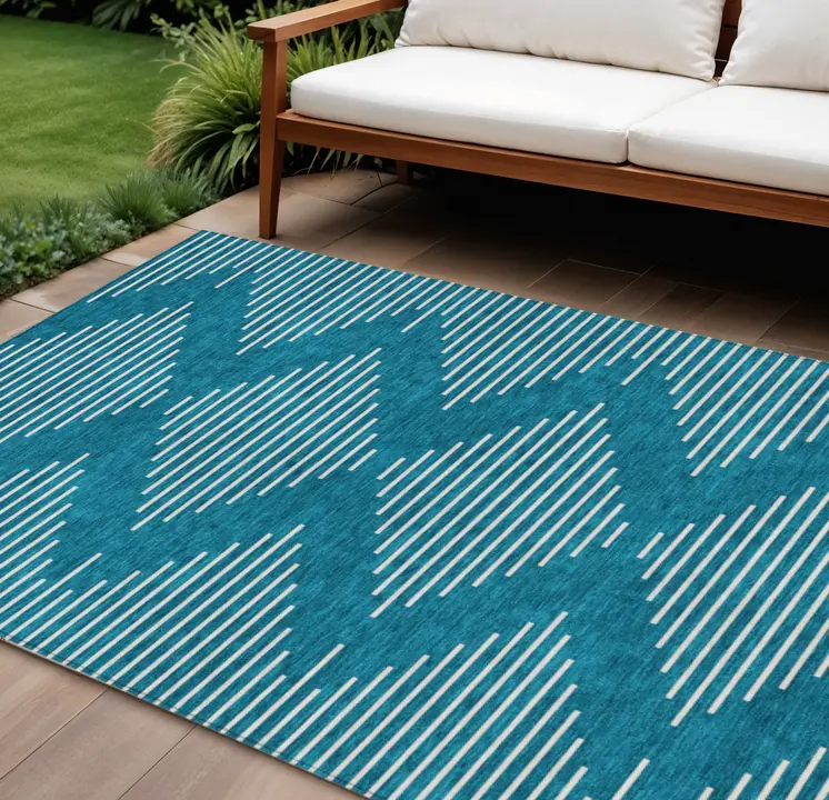 8' X 10' Teal Blue And Ivory Geometric Washable Indoor Outdoor Area Rug