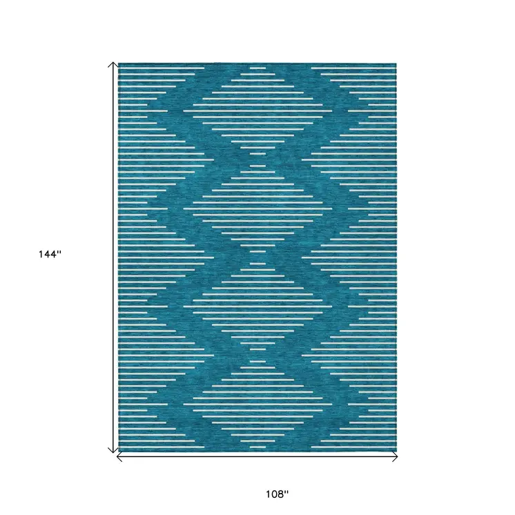 9' X 12' Teal Blue And Ivory Geometric Washable Indoor Outdoor Area Rug