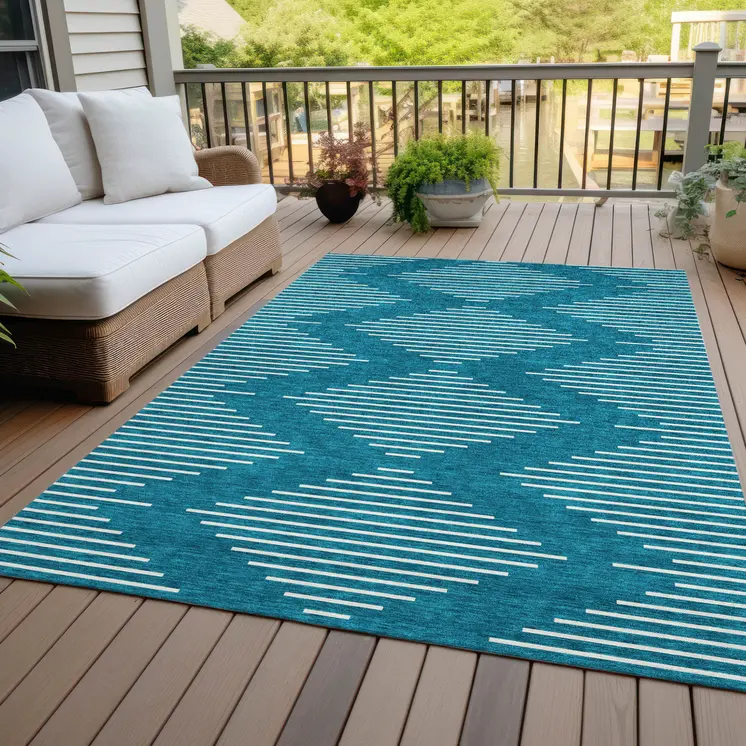 10' X 14' Teal Blue And Ivory Geometric Washable Indoor Outdoor Area Rug