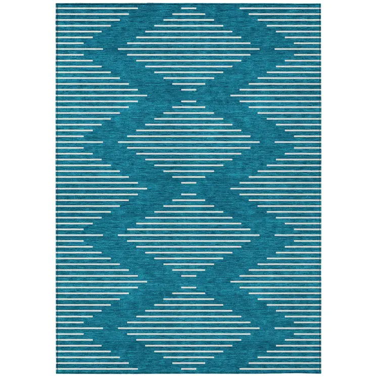 10' X 14' Teal Blue And Ivory Geometric Washable Indoor Outdoor Area Rug